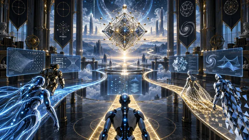 原创概念图：多种人工智能沿不同研究路径探索复杂数学结构与未知问题